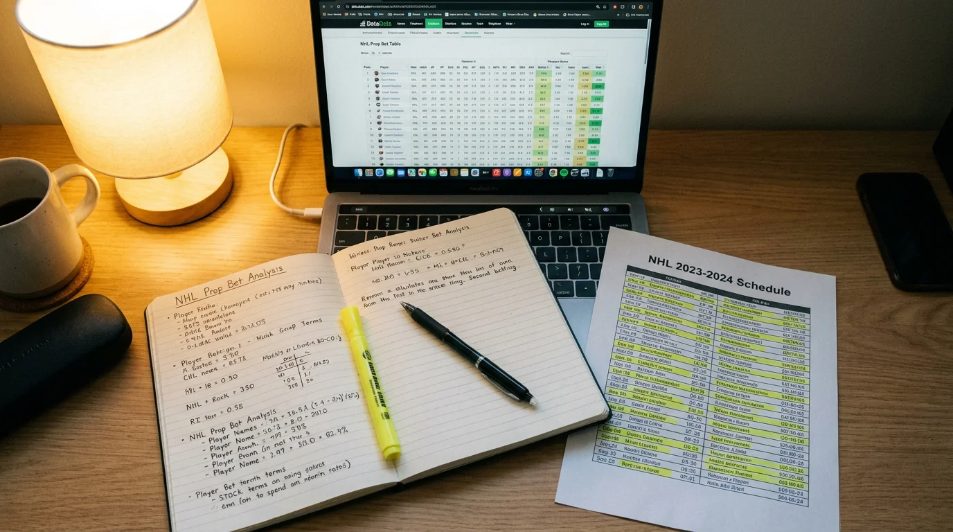 Hockey statistics research setup with notebooks and a laptop showing prop market analysis