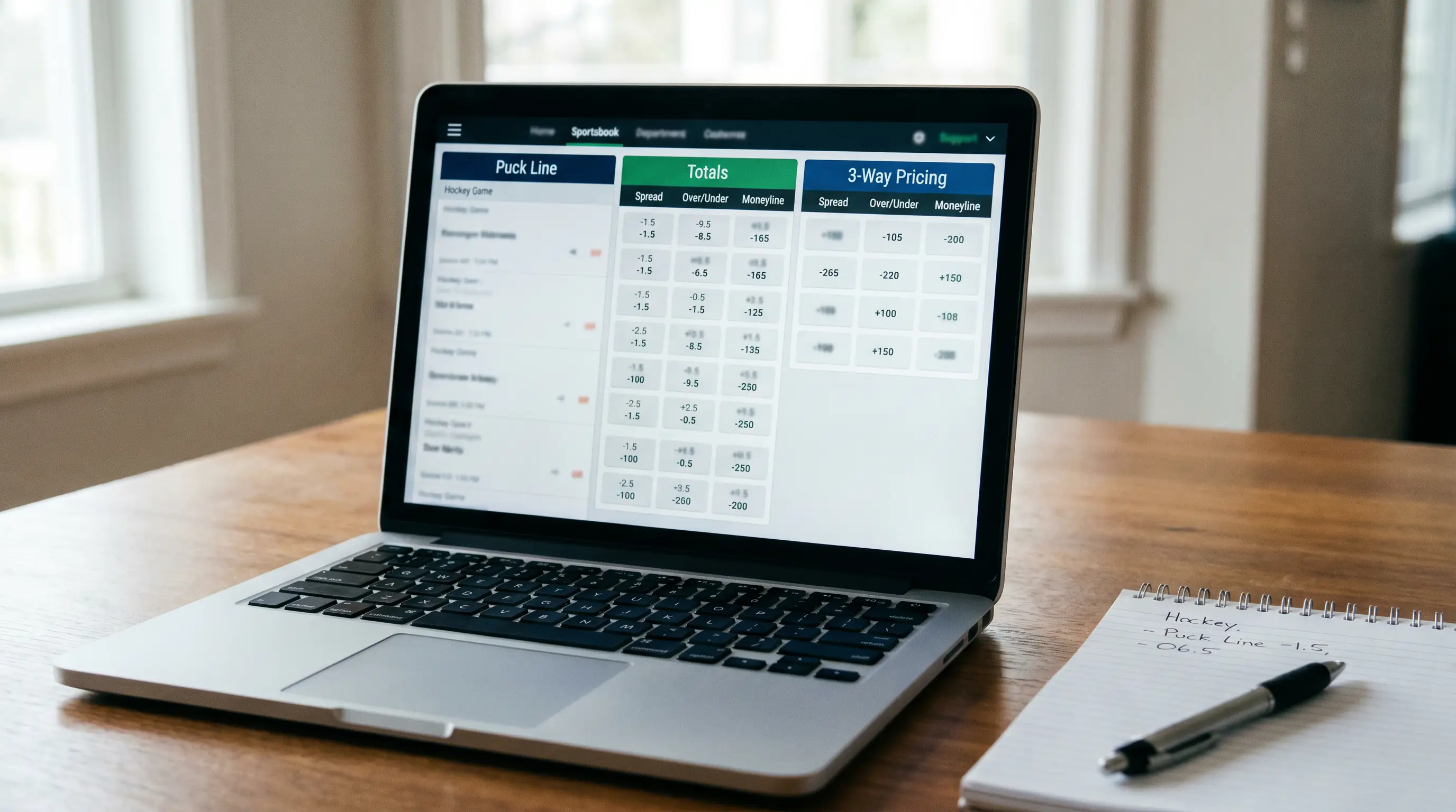 Sportsbook interface displaying puck line, totals, and three-way market options for an NHL game