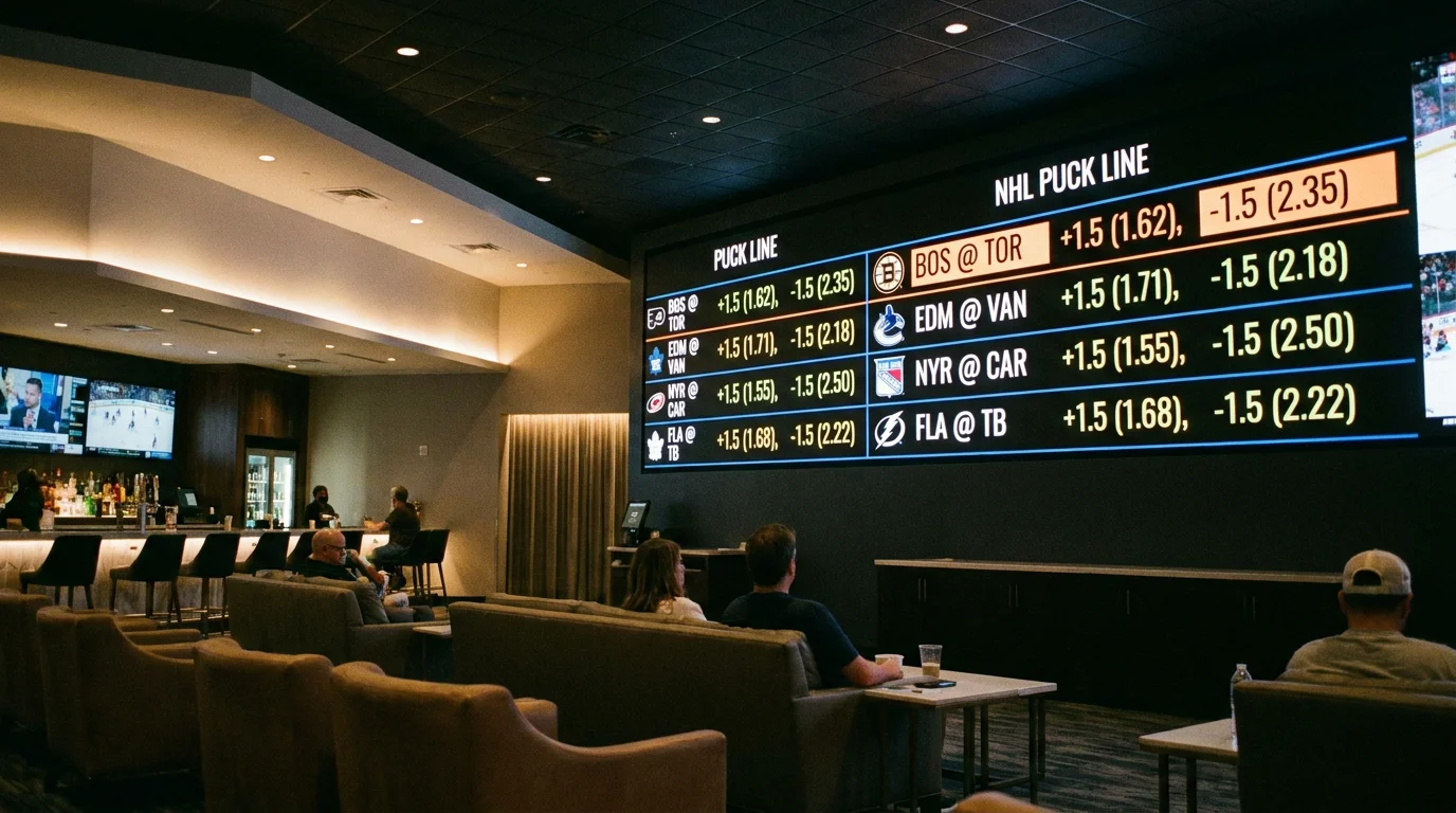 Puck line betting board showing underdog spread odds across multiple NHL matchups