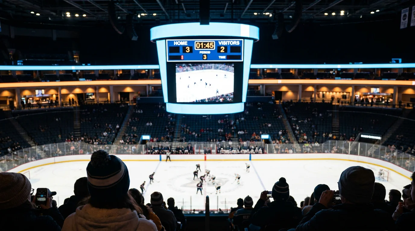 Ice hockey arena scoreboard showing a tight one-goal game between two NHL teams