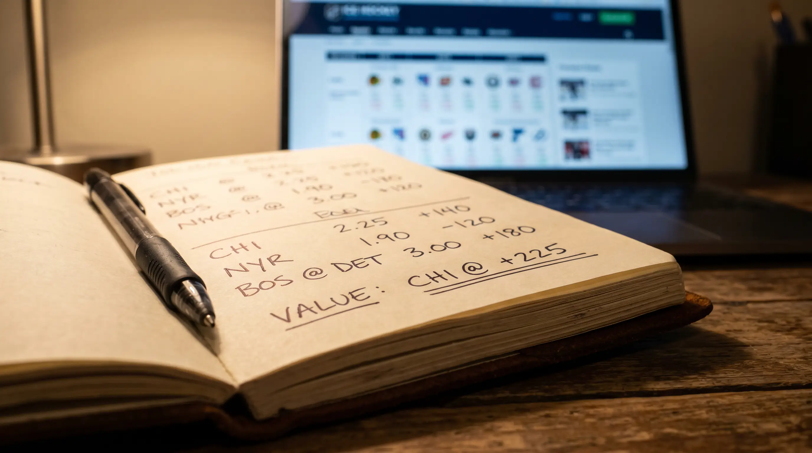 Notebook with hockey betting notes showing underdog puck line value analysis