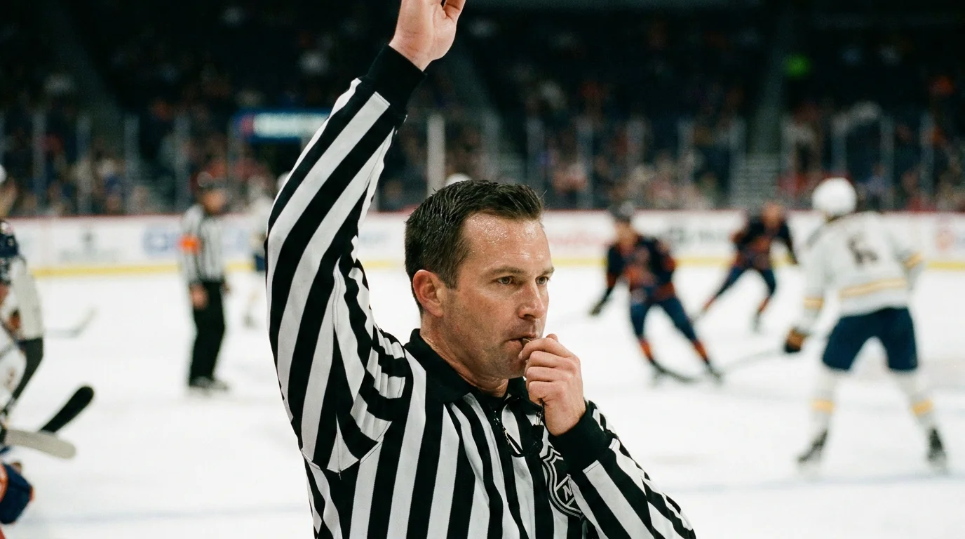 NHL referee raising arm to signal penalty call