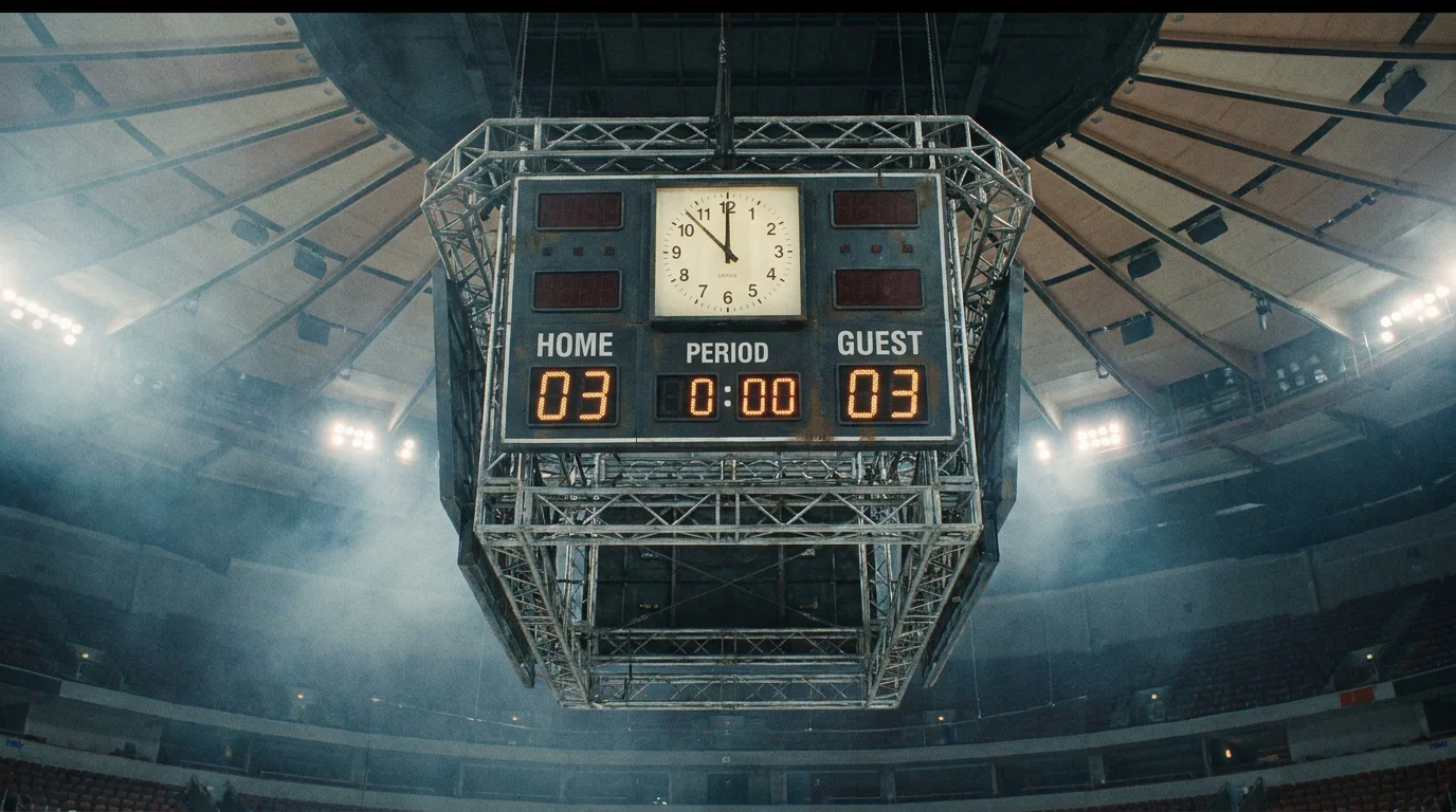 Hockey arena scoreboard showing tied game entering overtime