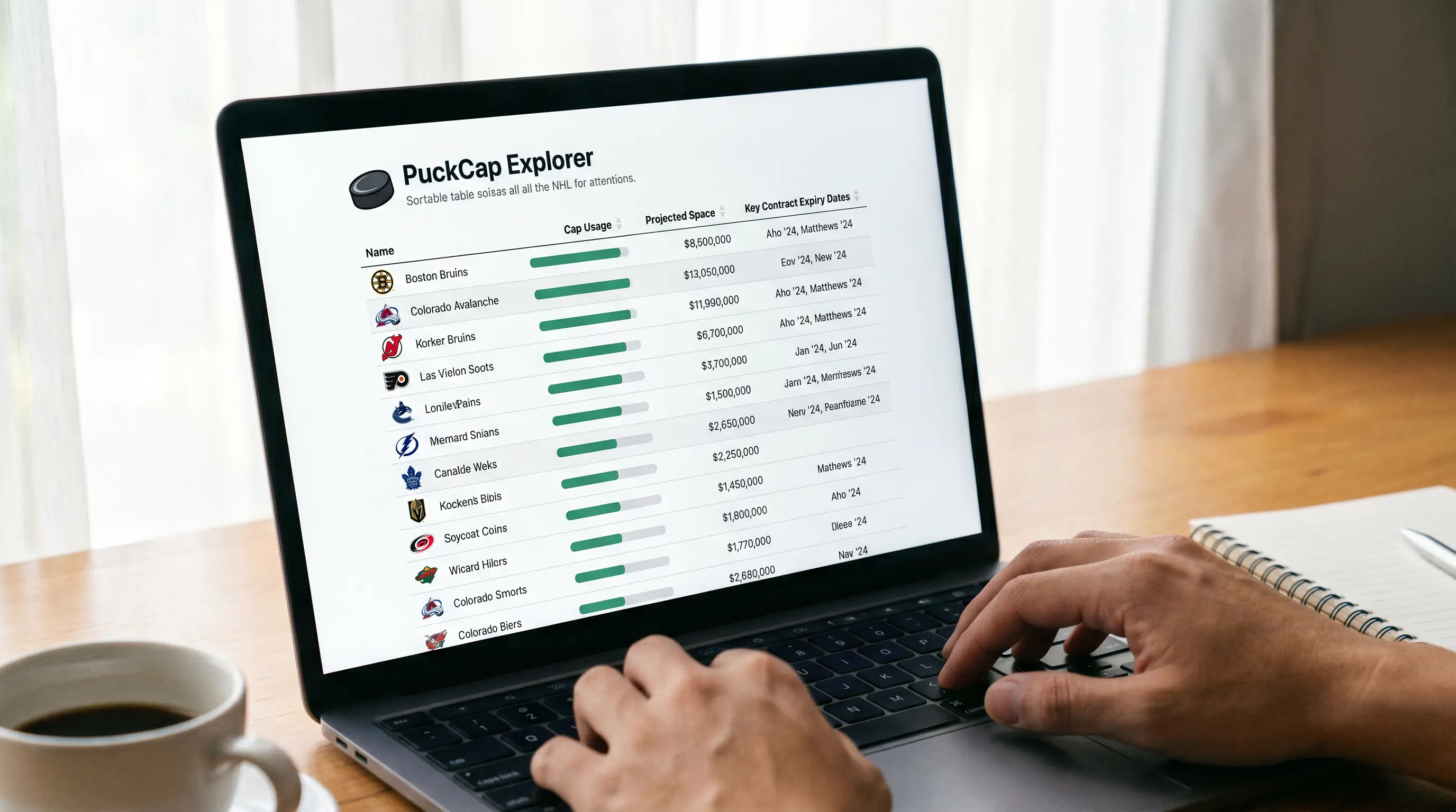 Cap tracking website interface showing team-by-team salary commitments and projected space