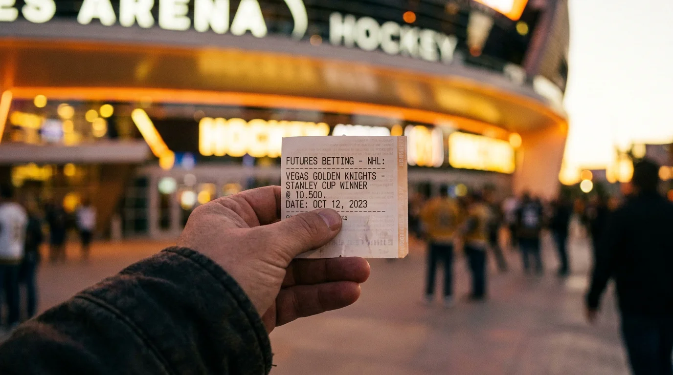 Person holding a futures betting ticket with an NHL arena in the background