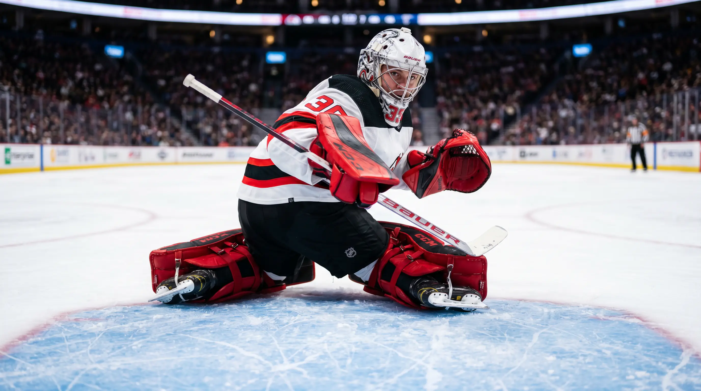 Goaltender in a ready stance during an NHL shootout with the crowd watching intently