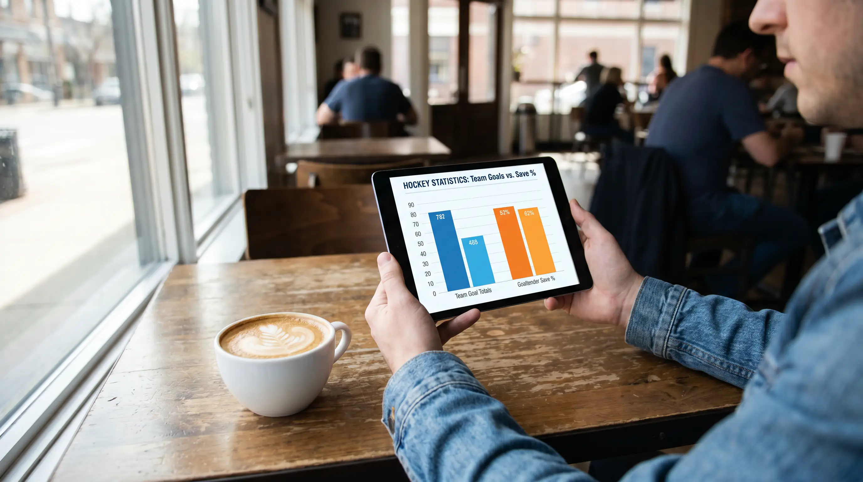 Bettor comparing team goal totals and goaltender statistics on a tablet