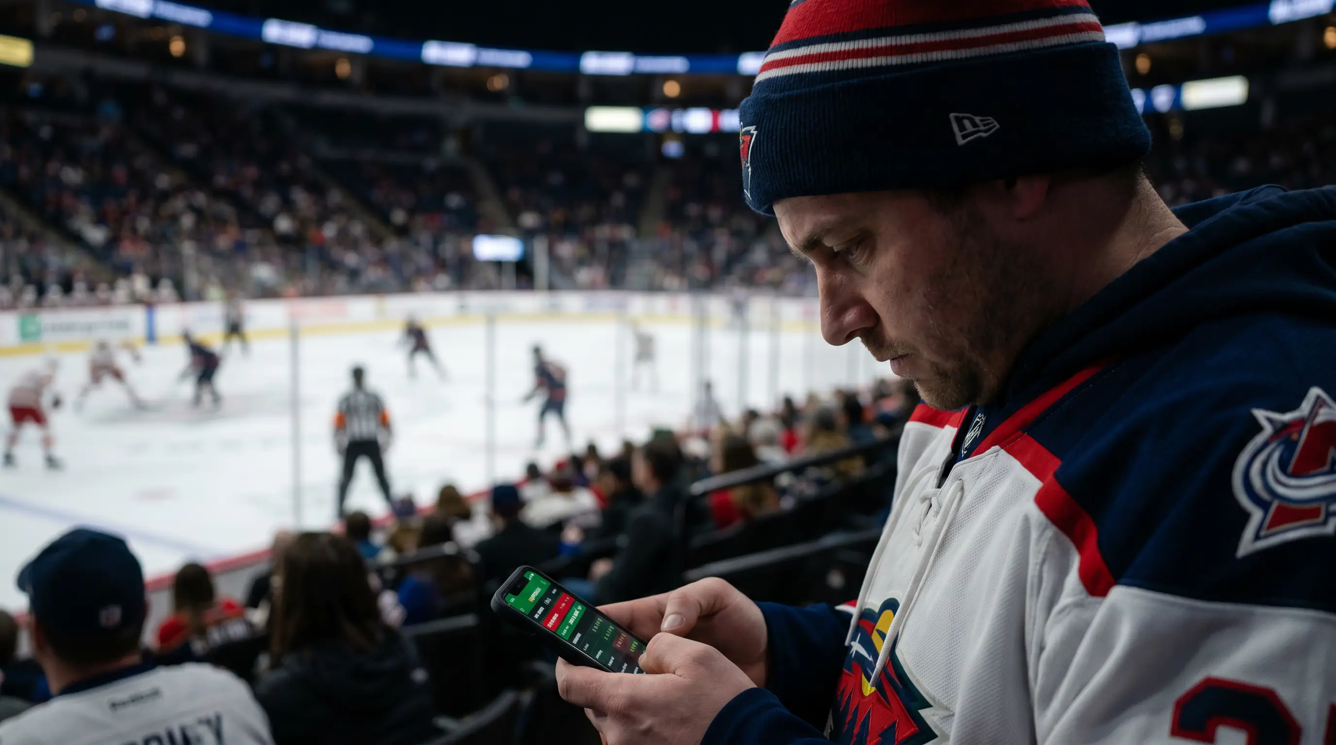 Fan checking live betting odds on a phone during the third period of a close NHL game