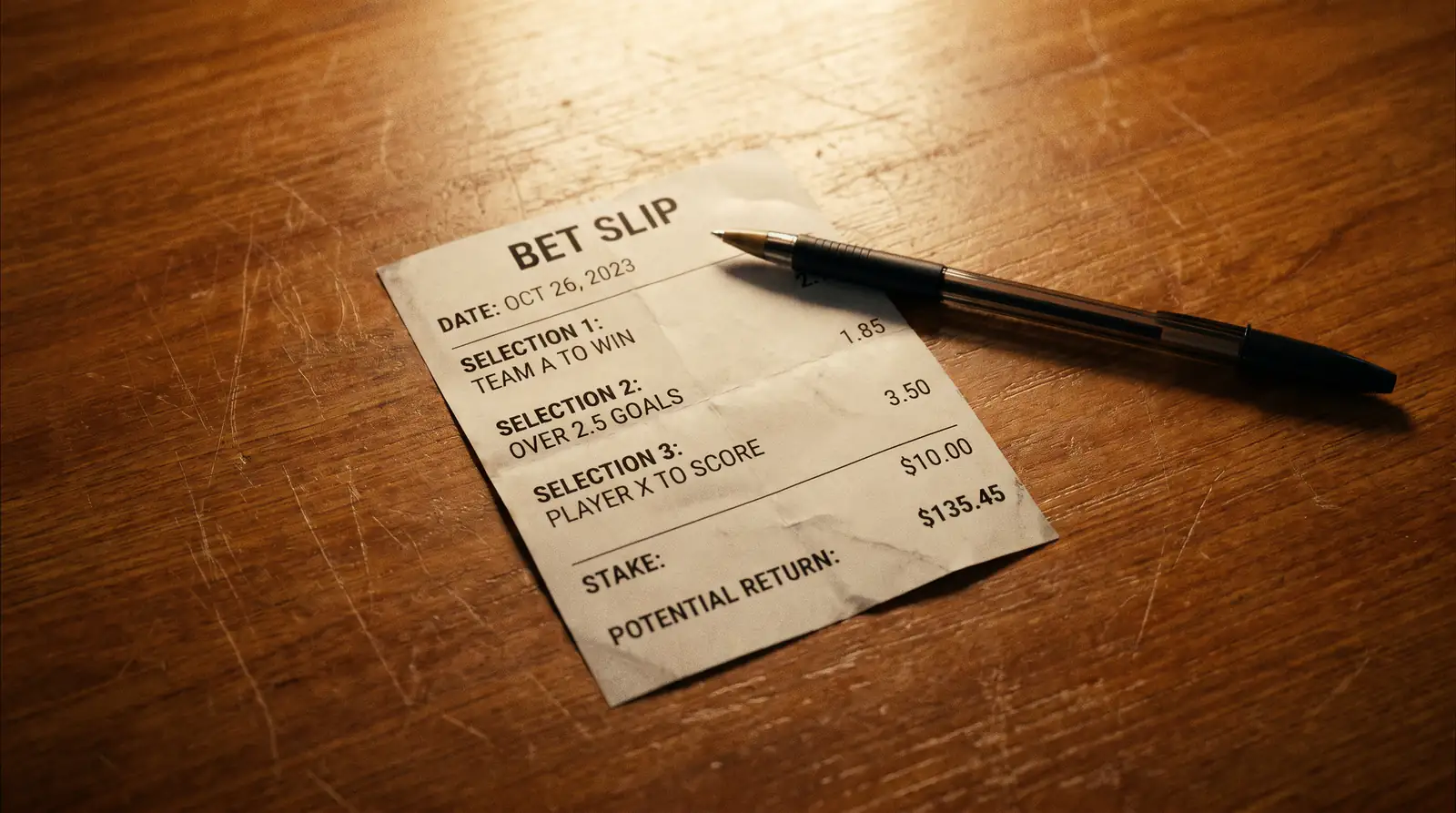 Betting slip showing home win draw and away win options
