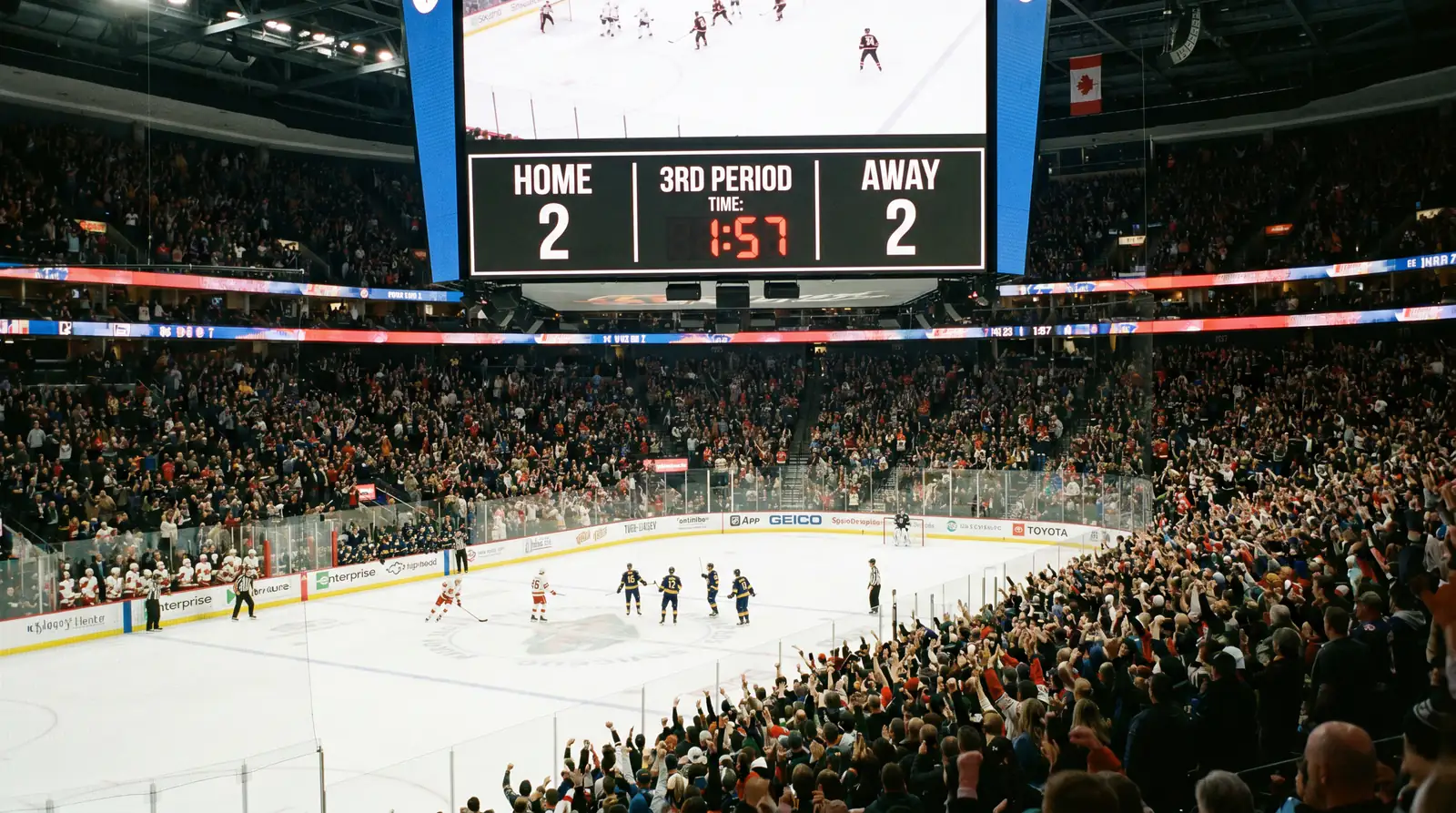 Hockey scoreboard showing a tied game late in the third period with overtime approaching