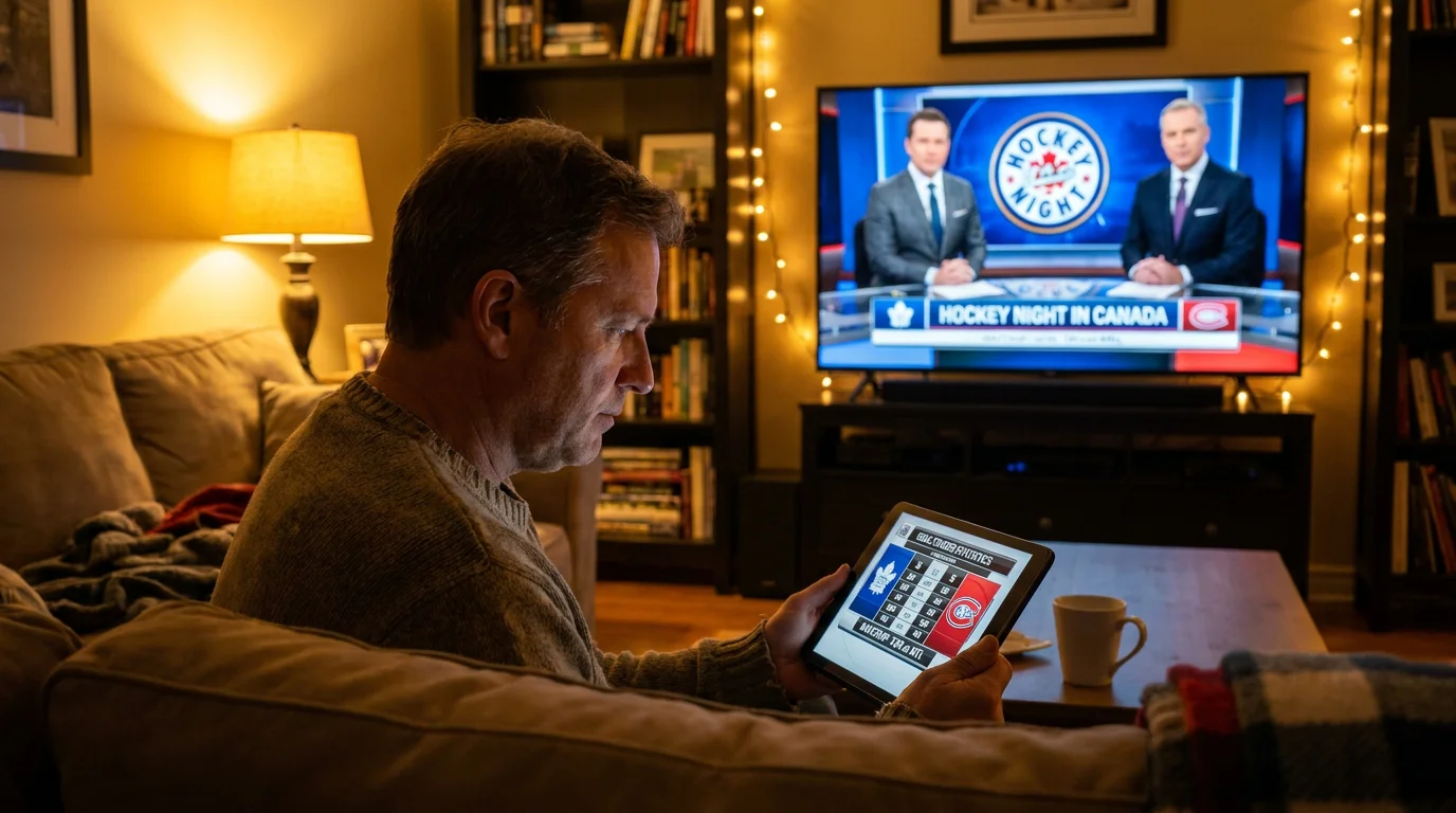 Hockey fan studying goaltender matchup statistics before placing an over-under bet