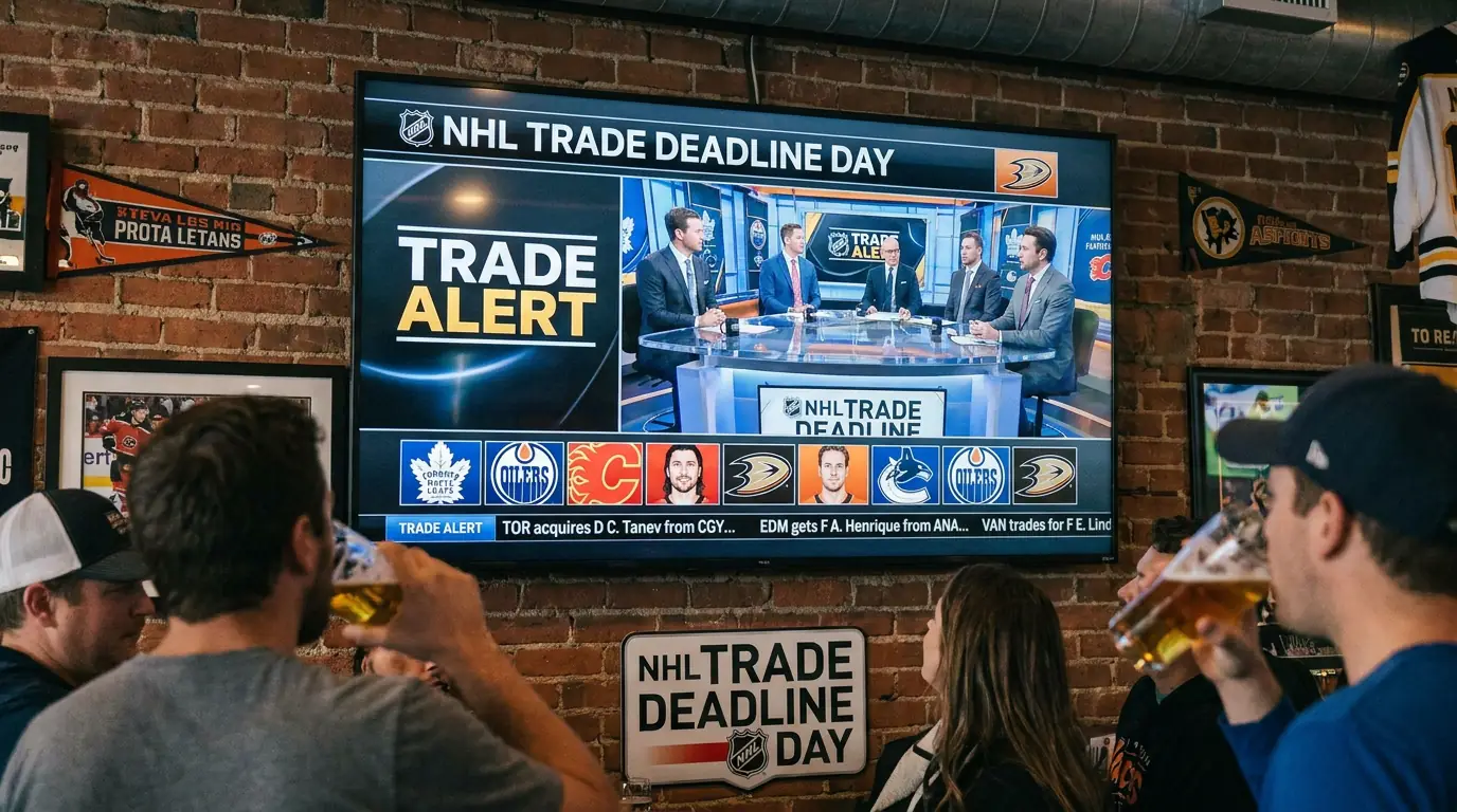 NHL trade deadline day coverage with team roster updates displayed on a screen