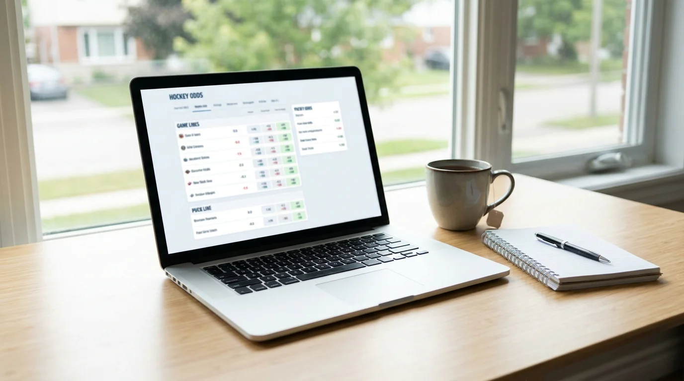 Laptop displaying a hockey sportsbook page with multiple NHL betting markets listed