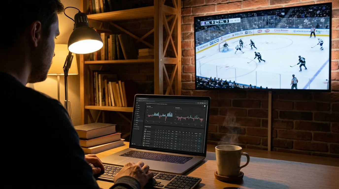 Laptop screen showing ice hockey statistics next to a television broadcasting a live match