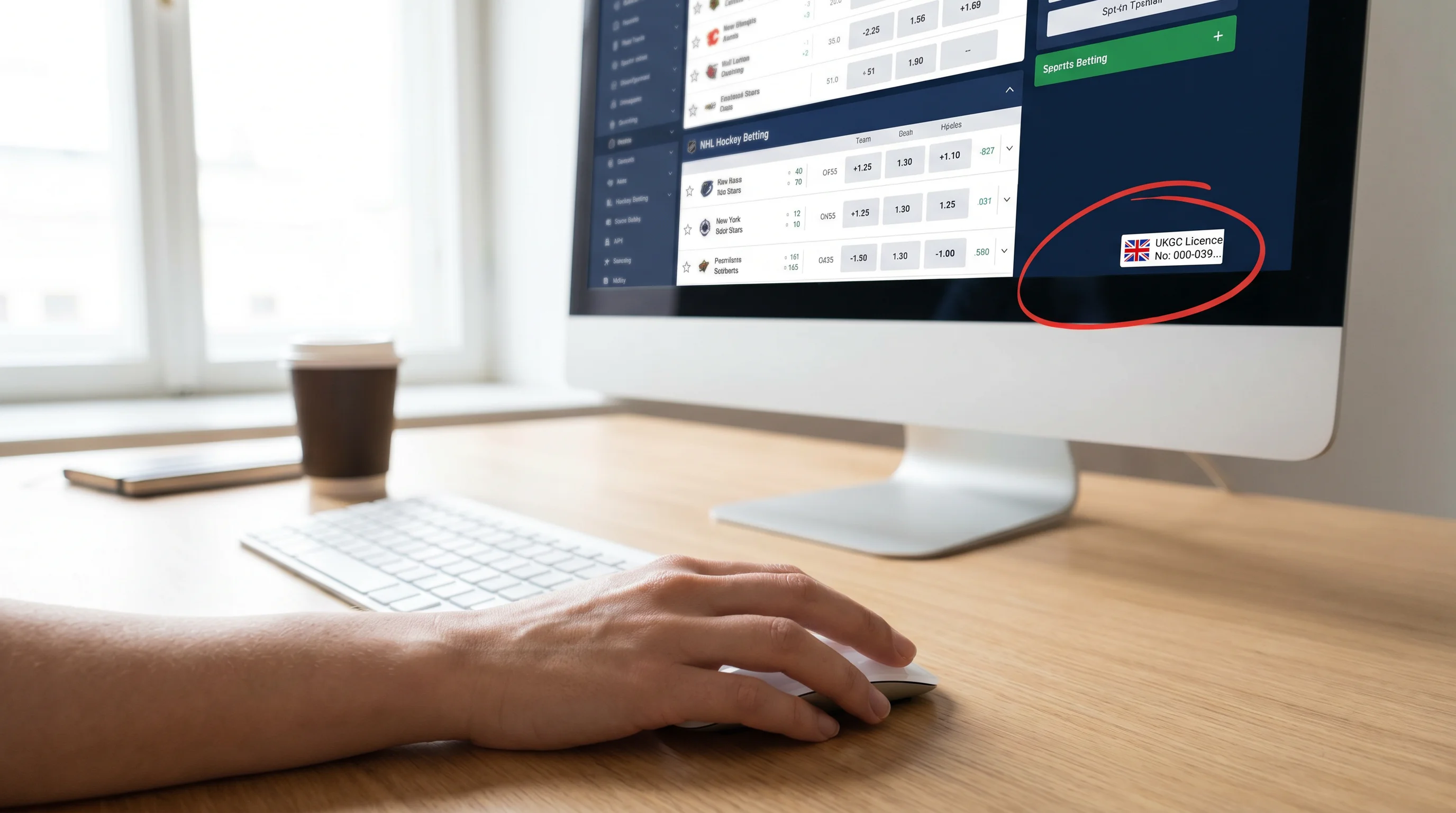 UK bettor checking the UKGC licence badge on a sportsbook website before placing a hockey wager