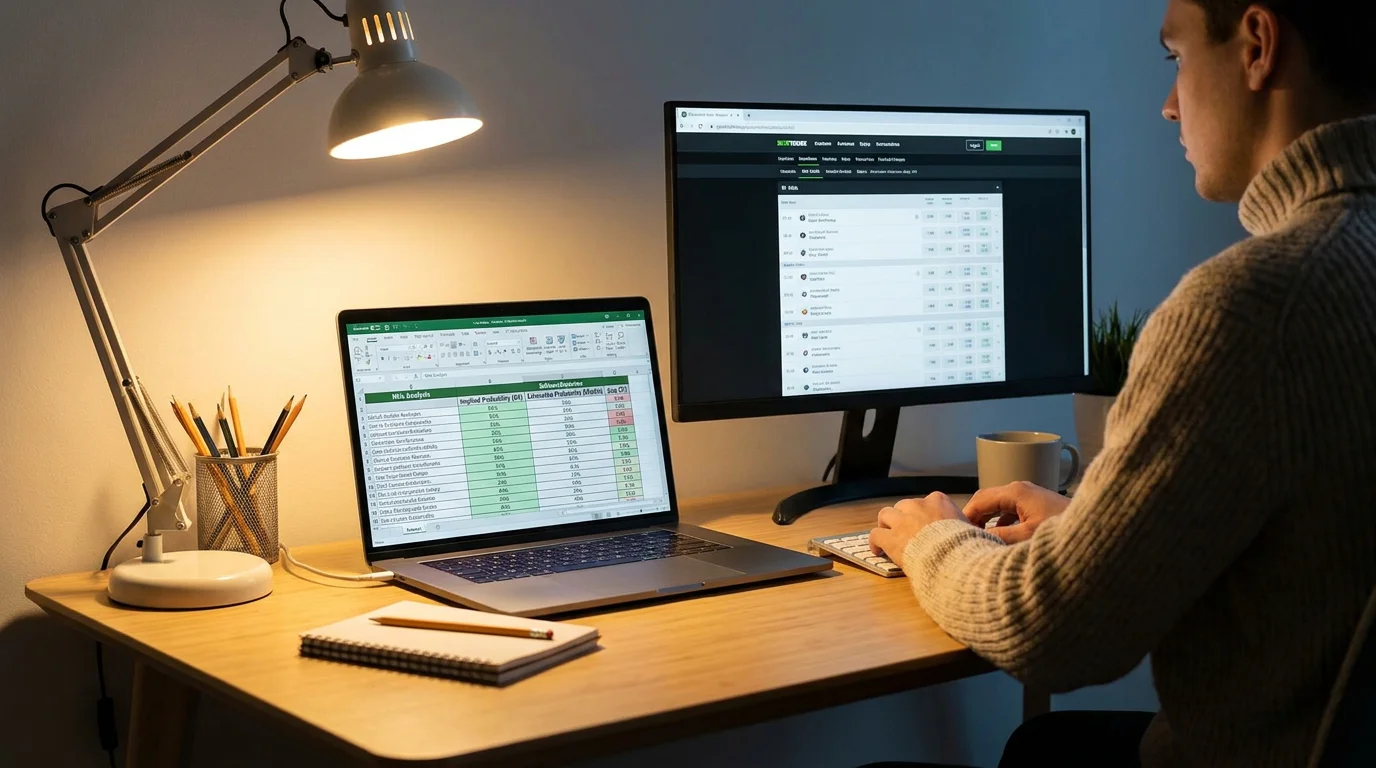 Bettor comparing implied probability calculations against a personal model on a laptop screen