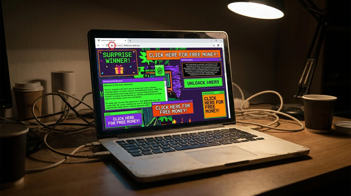Laptop screen showing unverified betting site with warning icon