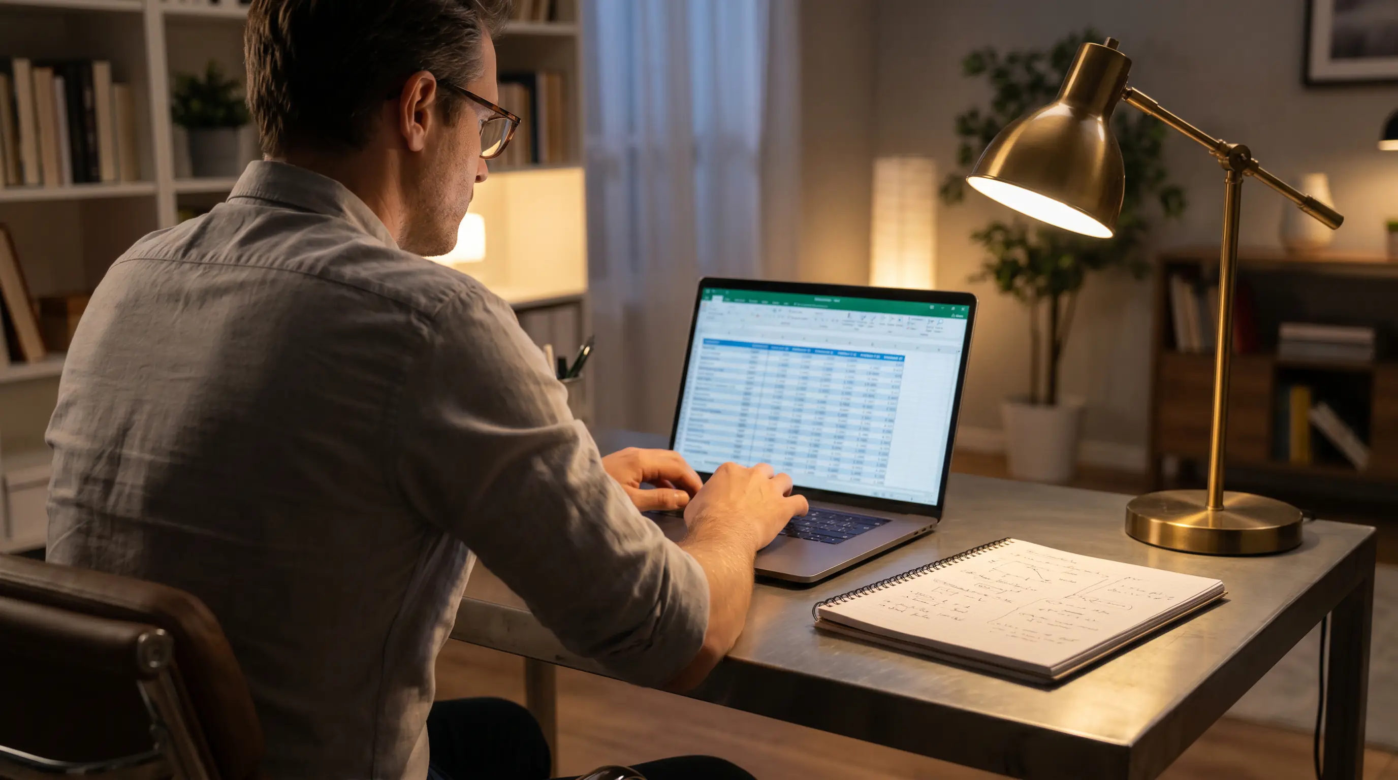 Bettor analysing hockey match probabilities on a laptop with a spreadsheet model