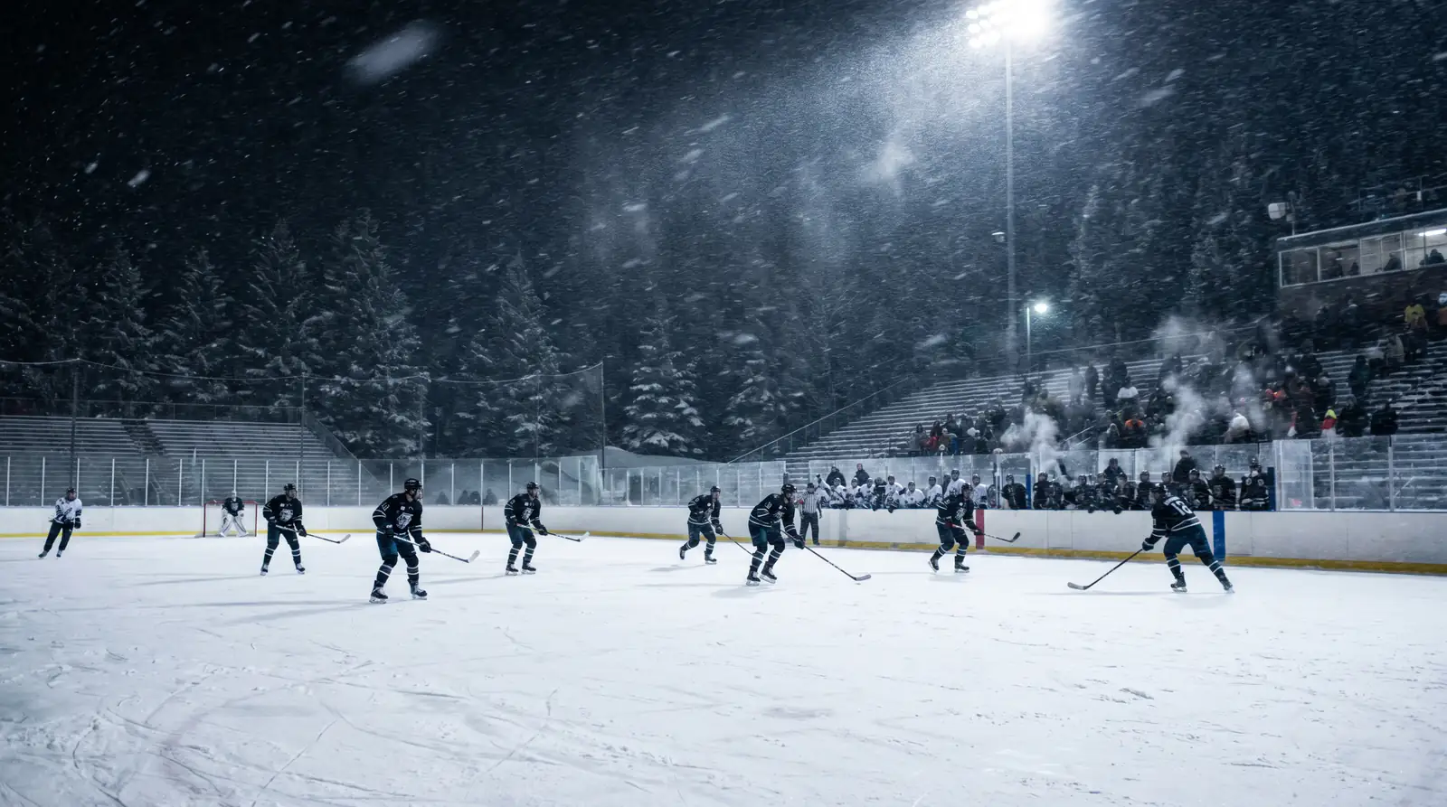 Snow falling during outdoor NHL game with players skating