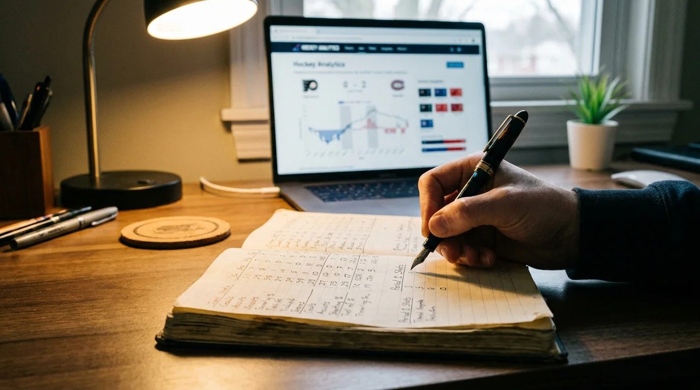 Person writing out hockey bet calculations in notebook
